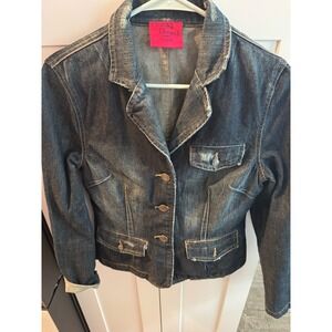 Carols Denims Womens Dark Wash Distressed Denim Blazer Jacket Cotton Blue Medium